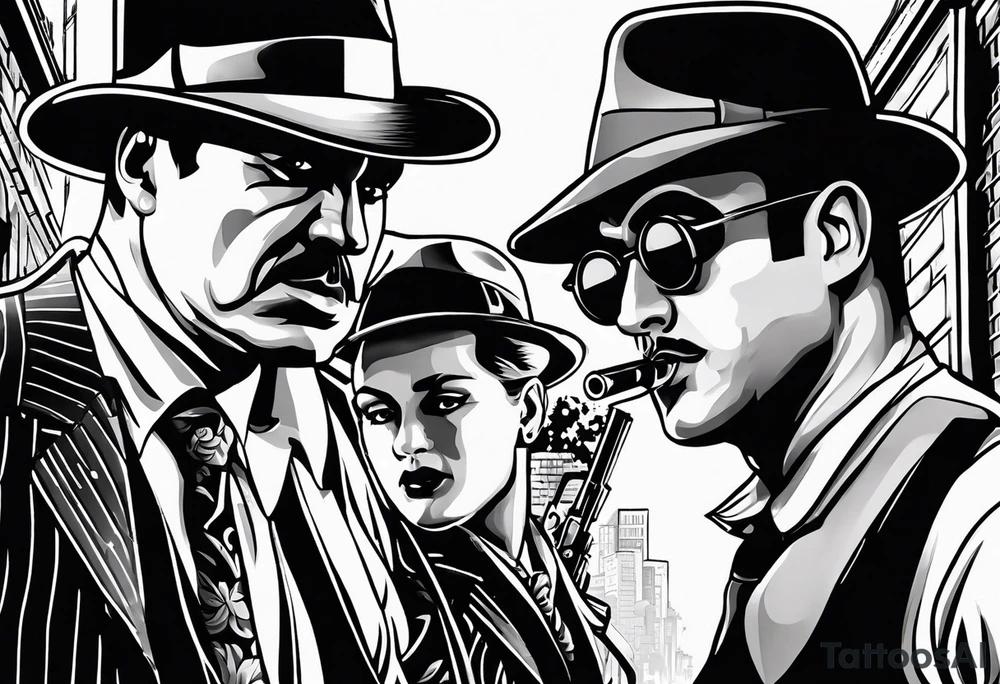 untouchables style gangsters fighting on a 1930s city street, Al capone, bugsy segal, bonnie and clyde, include machine guns, smoke and fire tattoo idea