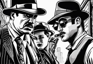 untouchables style gangsters fighting on a 1930s city street, Al capone, bugsy segal, bonnie and clyde, include machine guns, smoke and fire tattoo idea