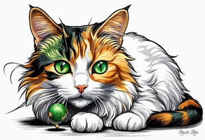 Calico cat with green eyes playing with a cricket toy tattoo idea