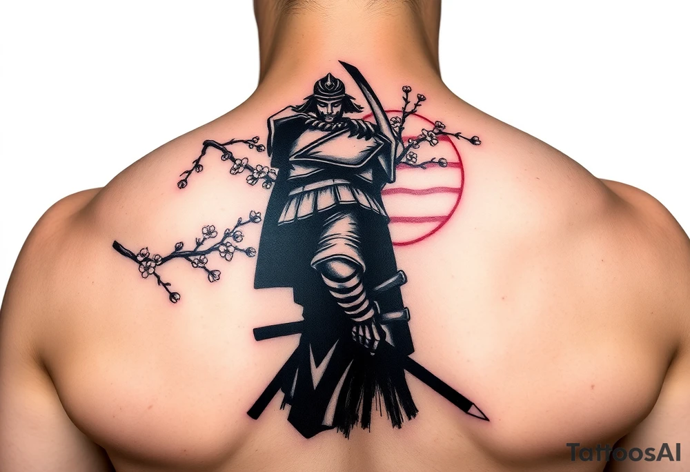 noble samurai warrior silhouette at sunset with cherry blossoms tattoo idea