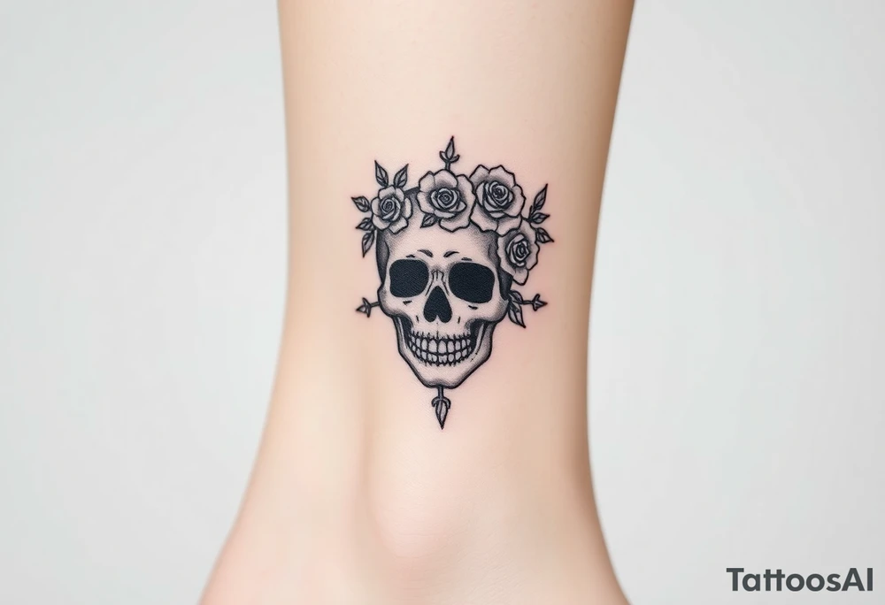 ornate skull adorned with crown of wild roses and thorns tattoo idea