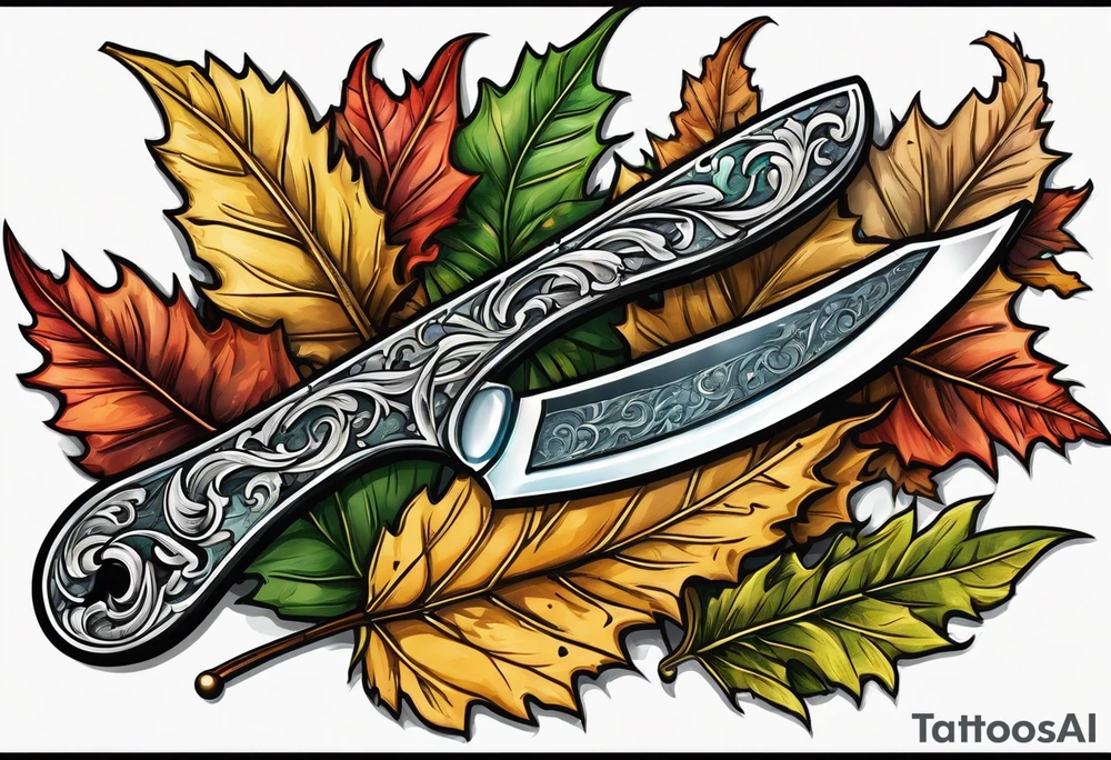 a straight razor lies in oak leaves. tattoo idea