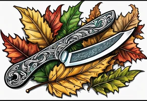 a straight razor lies in oak leaves. tattoo idea