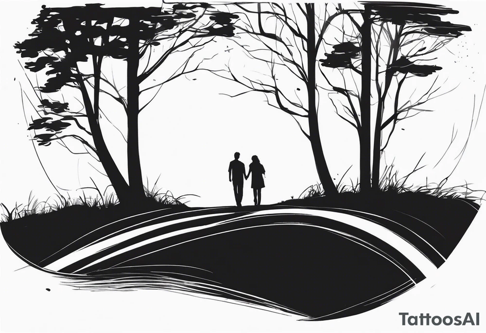 A tree, underneath the tree place a man and a boy holding hands walking into distance tattoo idea
