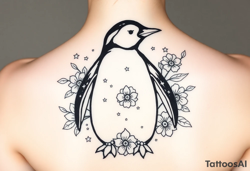 Penguin with stars and flowers black ink tattoo idea