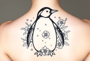 Penguin with stars and flowers black ink tattoo idea