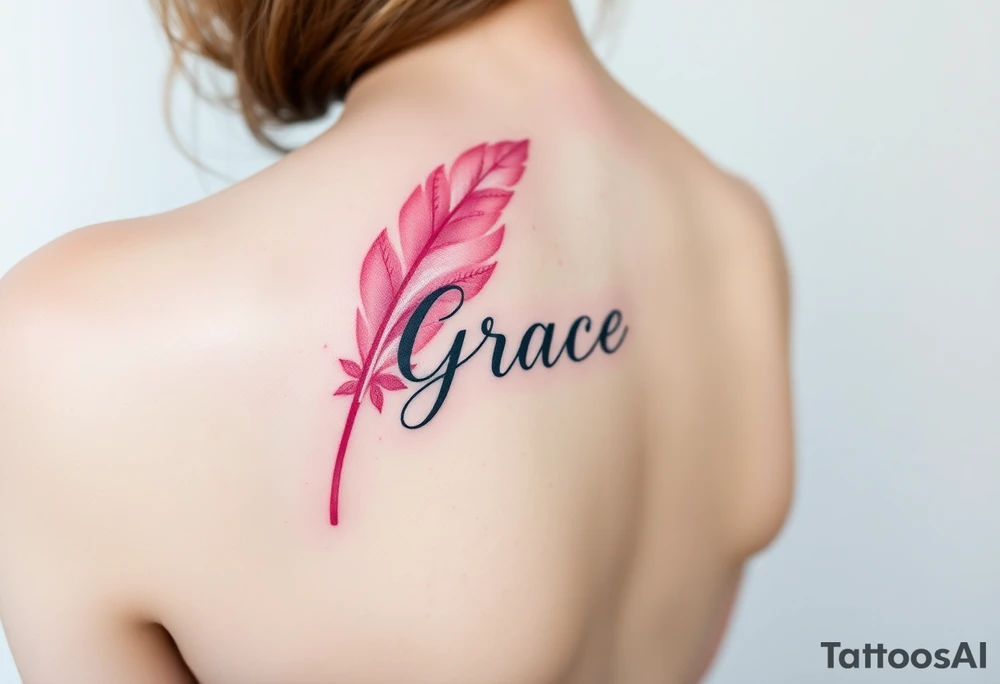 A soft pink and ivory feather with delicate lace details, featuring the word "Grace", evoking elegance and beauty in love tattoo idea