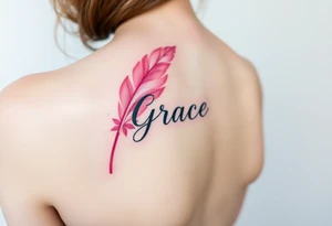 A soft pink and ivory feather with delicate lace details, featuring the word "Grace", evoking elegance and beauty in love tattoo idea