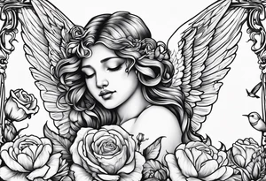 crying angel with hair convering face on swing with rose, lily daffodil, daisy, carnation narcissus and hummingbird tattoo idea