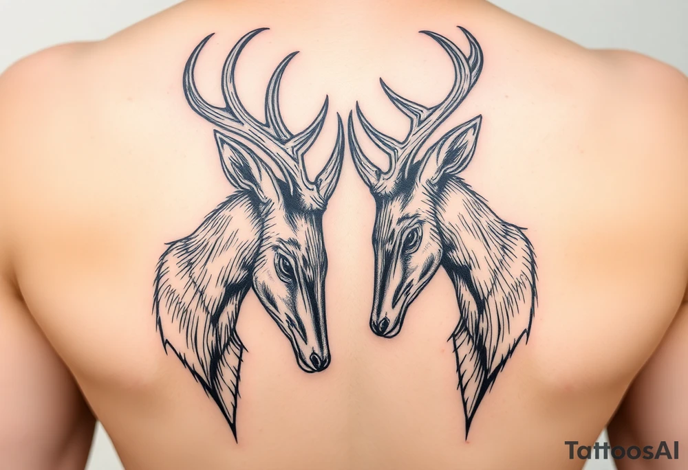 Full body Two deer with their heads down hitting horns to show dominance. tattoo idea
