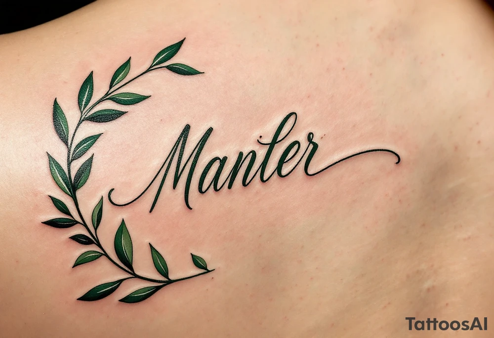 Elegant script in deep forest green, framed by a wreath of olive branches. tattoo idea