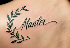 Elegant script in deep forest green, framed by a wreath of olive branches. tattoo idea