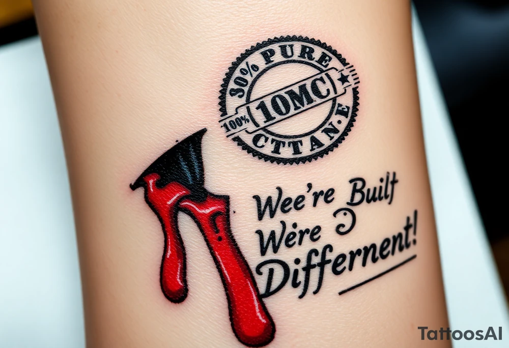 A 6” slit, with blood dripping out, with a “100% Pure Octane” stamp near the blood, and the words, “We’re Built Different!”, underlined by the 6” slit. tattoo idea