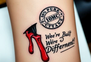 A 6” slit, with blood dripping out, with a “100% Pure Octane” stamp near the blood, and the words, “We’re Built Different!”, underlined by the 6” slit. tattoo idea
