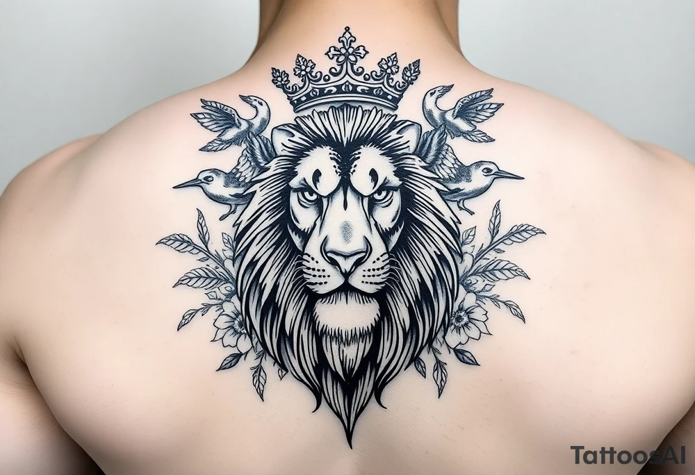 powerful majestic lion with a crown, surrounded by floral ornaments and birds tattoo idea