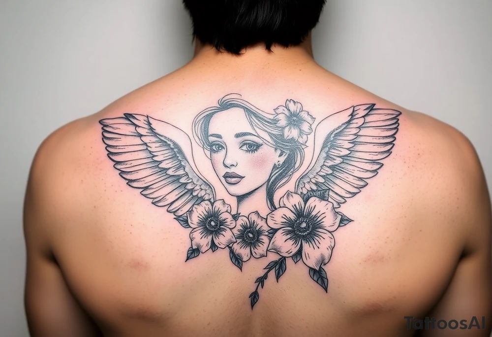 girl face with angel wings and flowers tattoo idea
