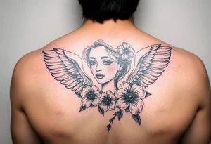 girl face with angel wings and flowers tattoo idea