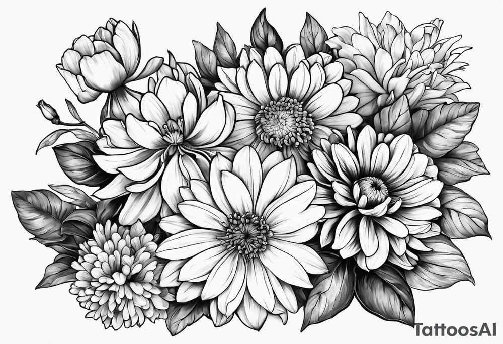 Three Flowers: marigold, chrysanthemum, narcissus tattoo idea