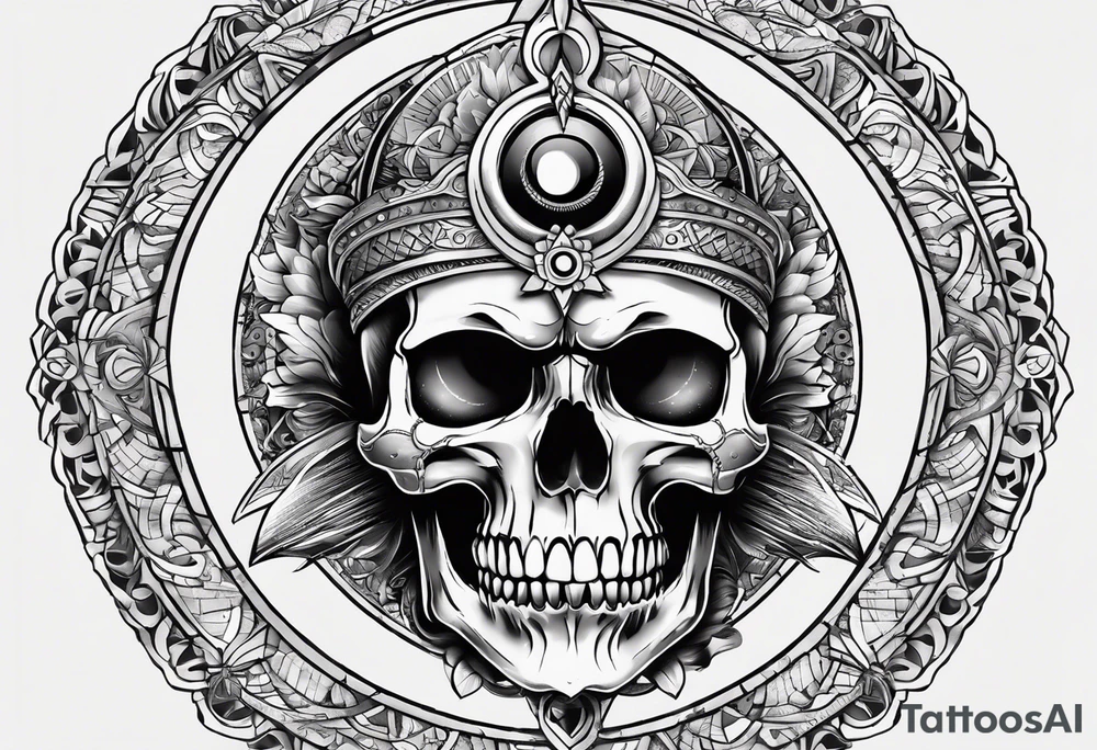 Simple Skull with third eye and dagger through it with the phases of the moon at the bottom endless spiral tattoo idea