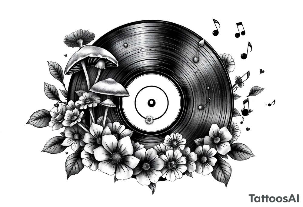 vinyl record with mushrooms, flowers, hearts, and music notes tattoo idea