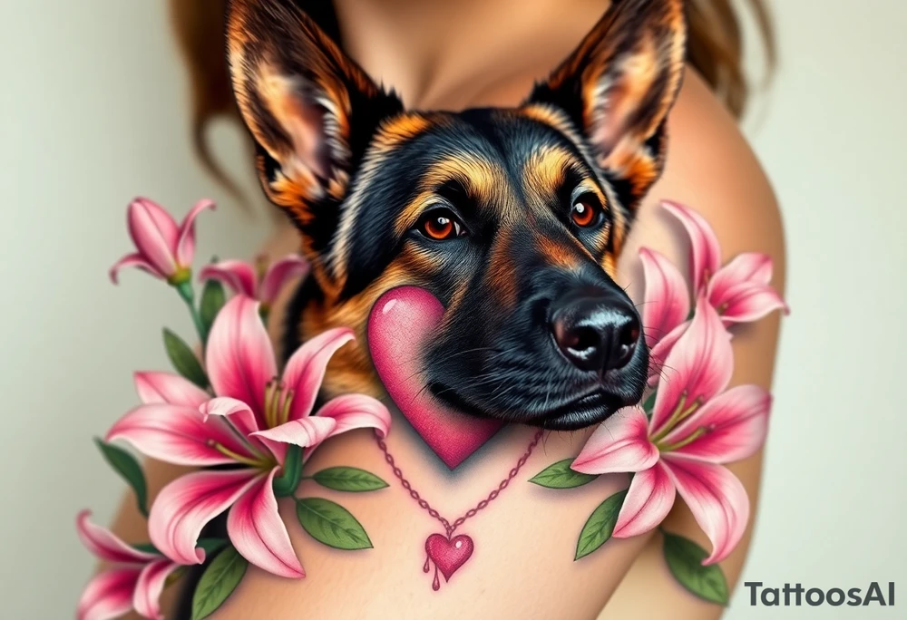 realistic german shepherd with alert ears looking protective surrounded by pink lilies with leaves in front of a sacred heart tattoo idea
