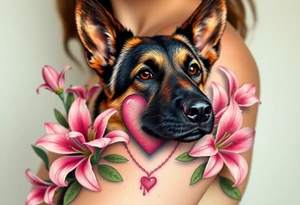 realistic german shepherd with alert ears looking protective surrounded by pink lilies with leaves in front of a sacred heart tattoo idea