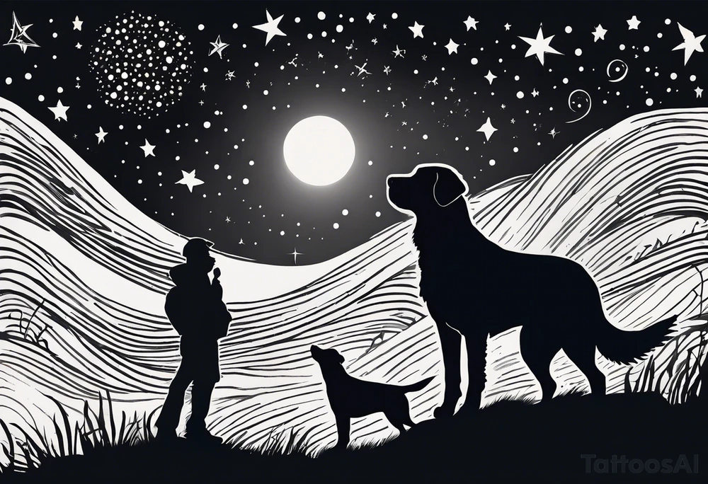 A silhouette of a labrador retriever, a german shephard, a beagle, and an adult human male, looking up at a night sky in the style of Van Gogh Starry Night. Must be narrow and tall to fit on an upper arm. tattoo idea