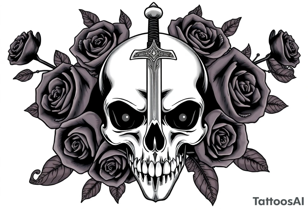 Skull and dark roses, one ornate broadsword piercing through. tattoo idea