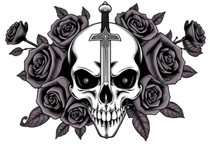 Skull and dark roses, one ornate broadsword piercing through. tattoo idea