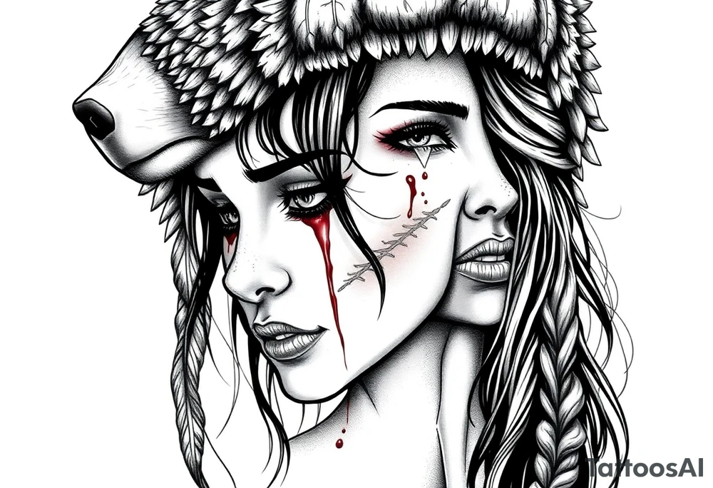 Beautiful Womans shedding a tear, with battle scars and blood on face, wearing a mean looking bear headdress on head tattoo idea