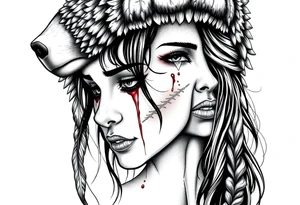 Beautiful Womans shedding a tear, with battle scars and blood on face, wearing a mean looking bear headdress on head tattoo idea