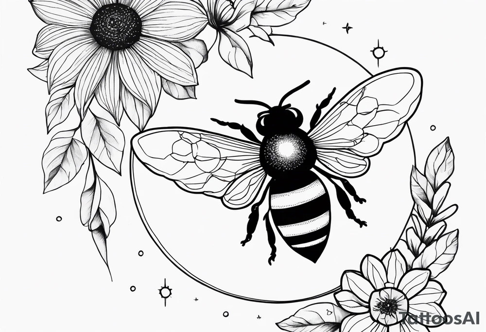 Bee, moon phases, flowers, fine line tattoo idea