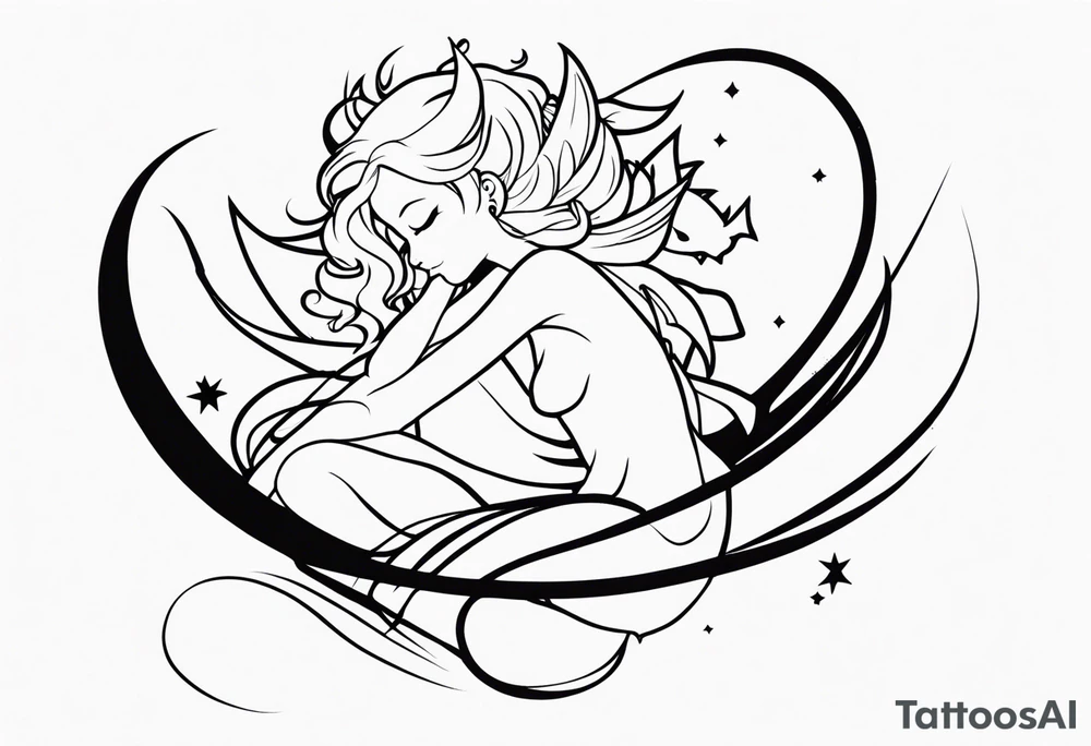 No color fairy with a tail inspired by the logo of the anime show called Fairy Tail in a fetal position leaning in and forward while sleeping tattoo idea