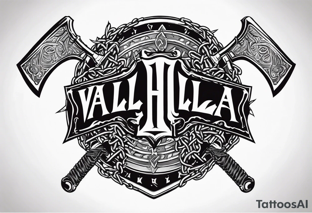 Valhalla sword round shield axe barbed wire chains tattoo idea