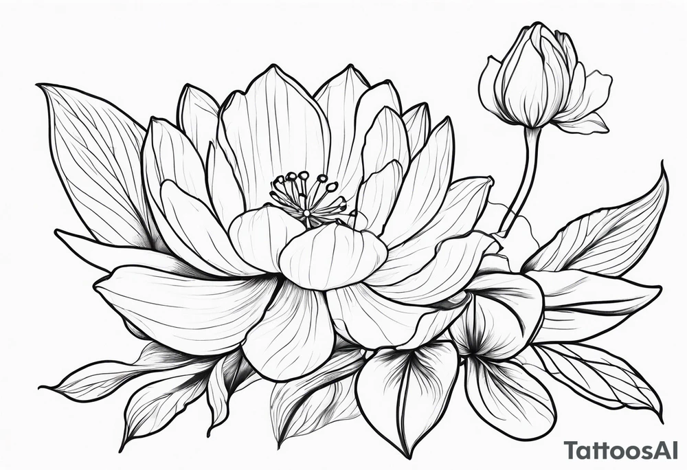Thin line lotus dogwood lily of the valley and peony wildflower tattoo idea