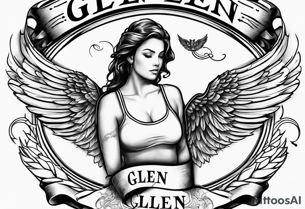 A simple tattoo with the word Glenn on a banner with angel Wings tattoo idea