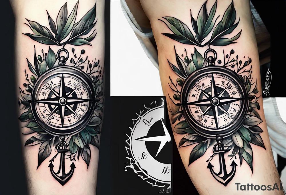 A selucid style anchor on top of a compass and a olive branch wreathe wrapped around the compass tattoo idea