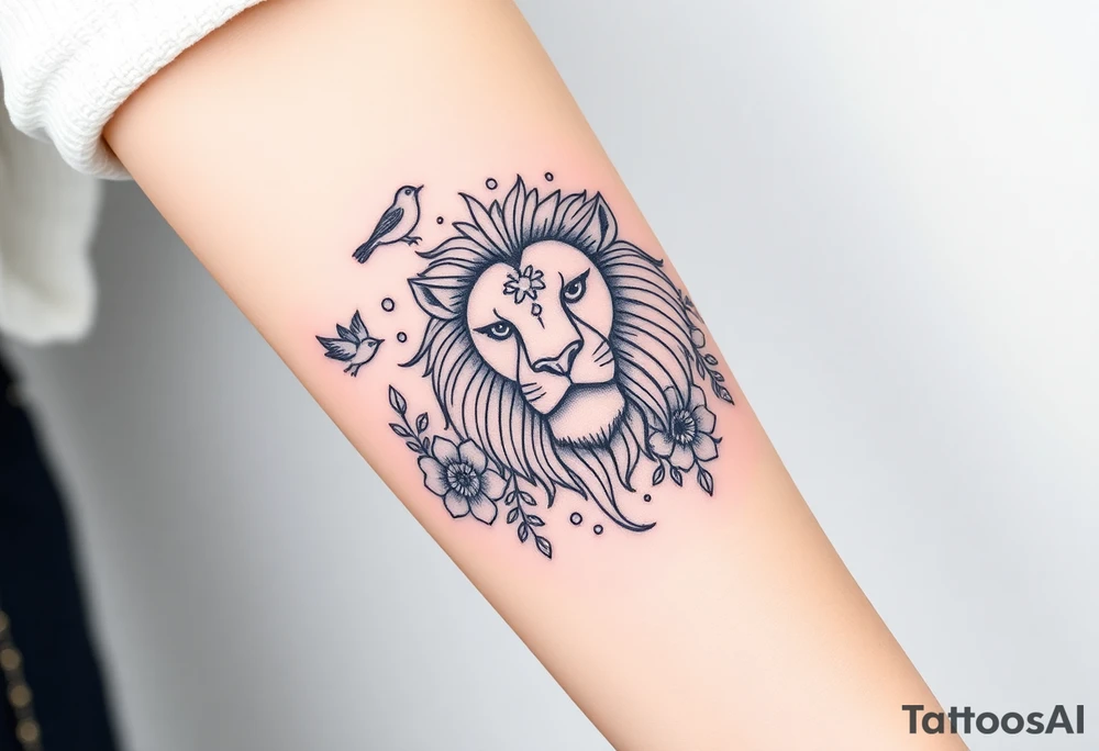 powerful majestic lion with a crown, surrounded by floral ornaments and birds tattoo idea