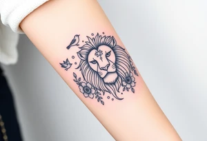 powerful majestic lion with a crown, surrounded by floral ornaments and birds tattoo idea