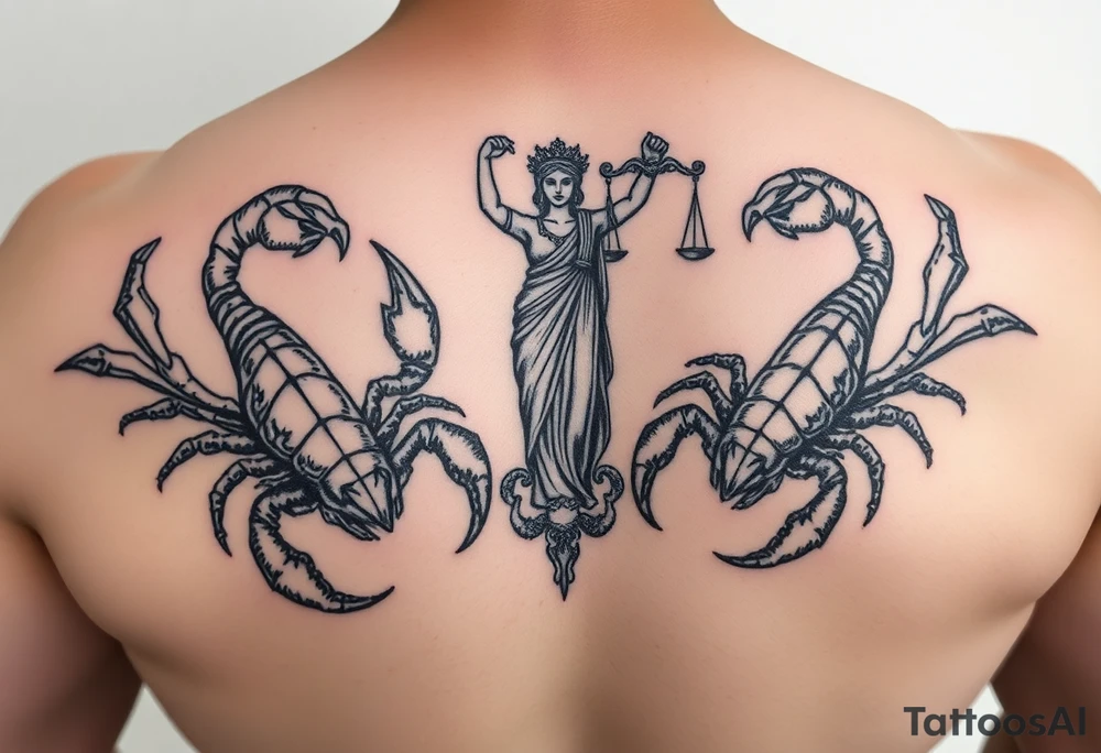 powerful majestic scorpions next to the figure of Lady Justice tattoo idea