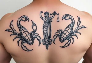 powerful majestic scorpions next to the figure of Lady Justice tattoo idea