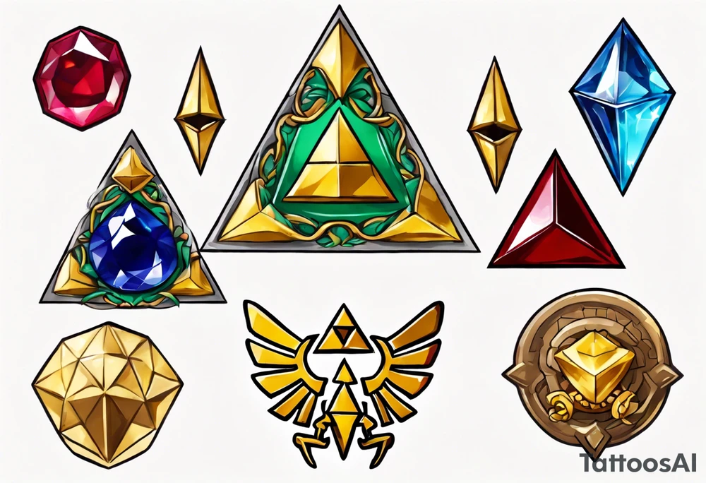 triforce with kokiri emerald, goron's ruby and zora's sapphire tattoo idea