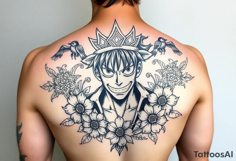 powerful majestic  luffy from one piece, surrounded by floral ornaments and birds tattoo idea