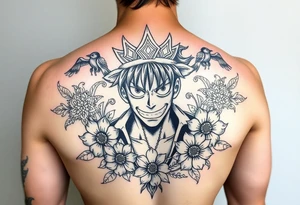 powerful majestic  luffy from one piece, surrounded by floral ornaments and birds tattoo idea