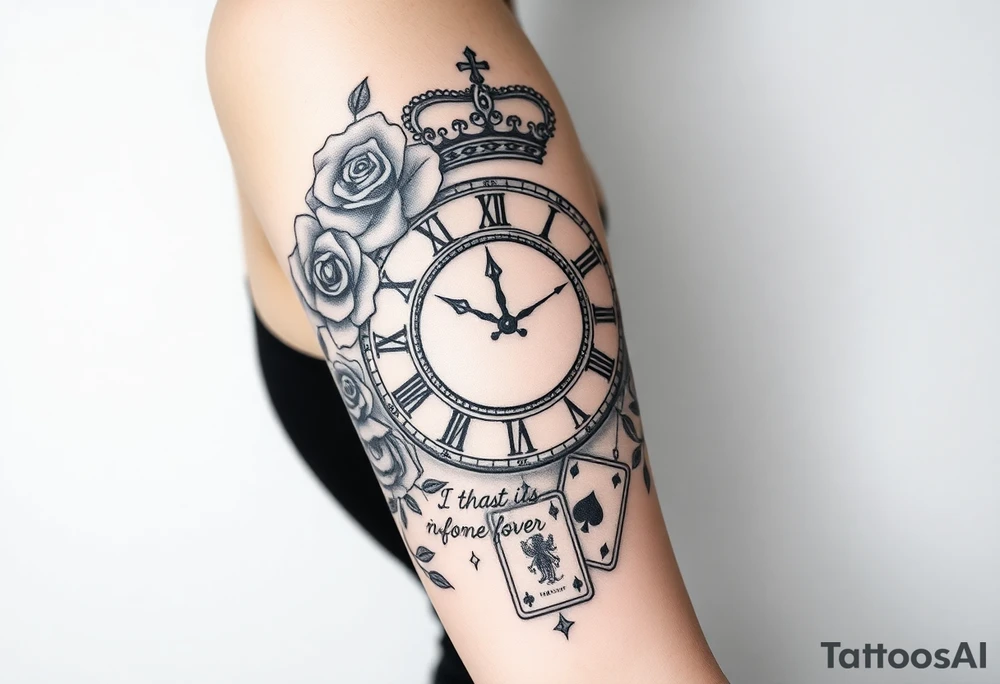 Roman clock with roses and a crown,  a quote that says nothings forever. and on the bottom a deck of cards tattoo idea