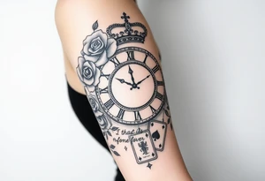 Roman clock with roses and a crown,  a quote that says nothings forever. and on the bottom a deck of cards tattoo idea