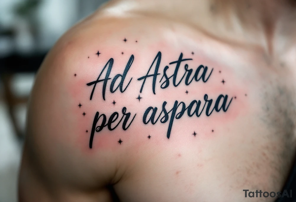 "Ad Astra Per Aspera" (To the stars through hardship) in sleek modern serif font, with a minimalist star map background, inked in midnight blue and dark gray. tattoo idea