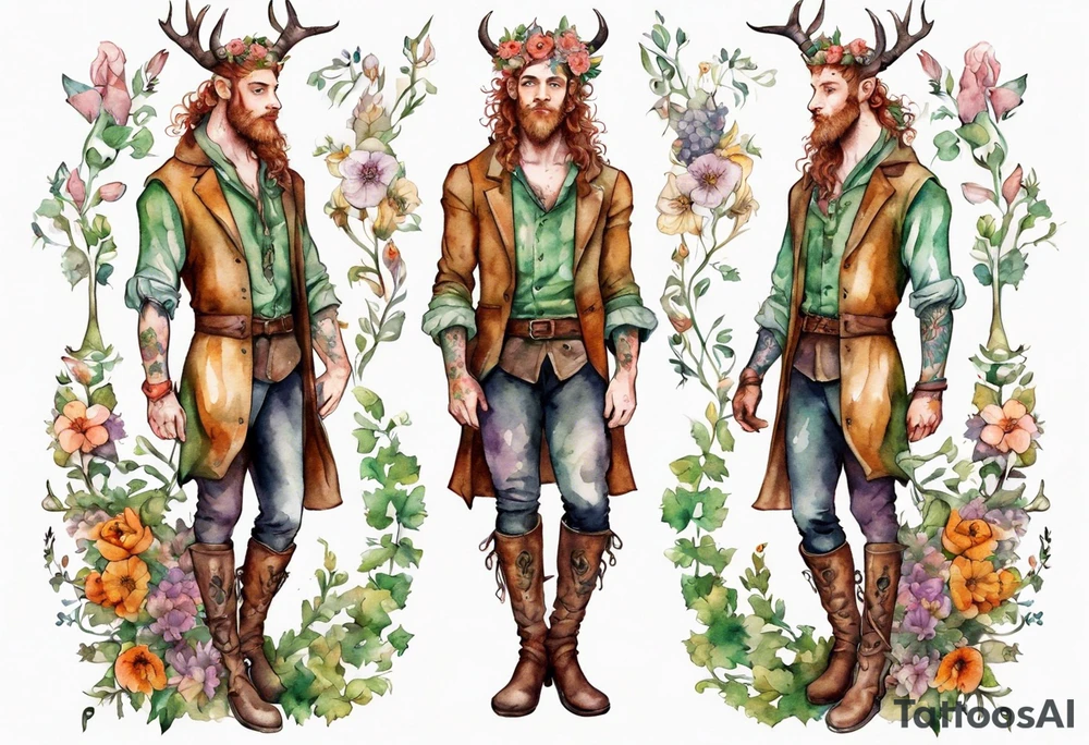 A young handsome Cernunnos covered in flowers wearing medieval boots tattoo idea