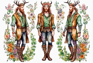 A young handsome Cernunnos covered in flowers wearing medieval boots tattoo idea