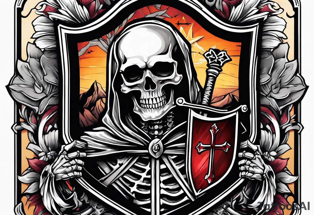 skeleton holding a shield with a cross on it tattoo idea